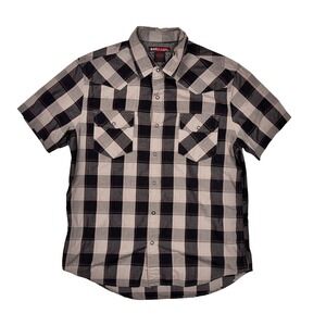 Tony Hawk Mens Grey Black Plaid Short Sleeve Western Snap Button Shirt Large